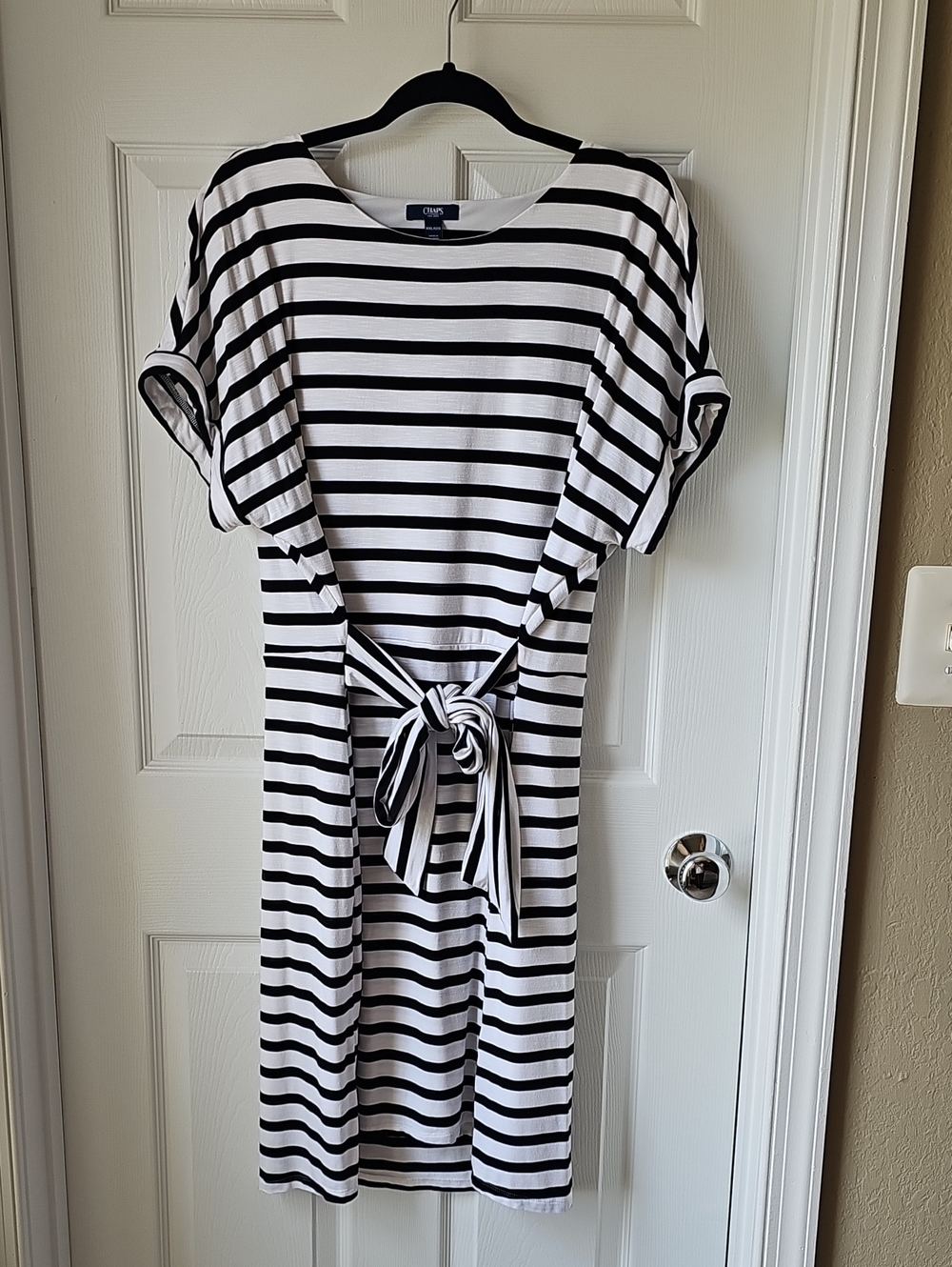 Chaps Black and White Striped Tie-Front Knit Dress